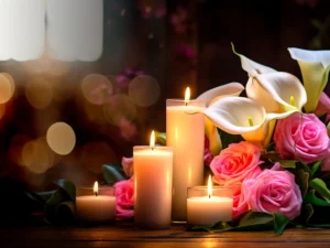 Composition florale de deuil avec roses roses et bougies allumées.